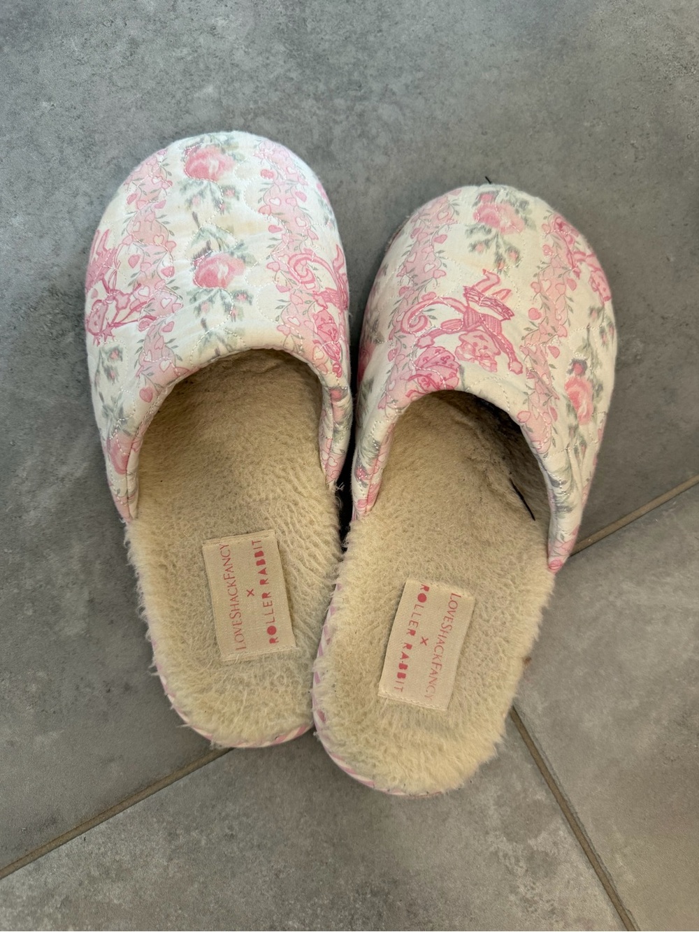 LoveShackFancy x Roller Rabbit Pink Floral Fuzzy Lined Slippers